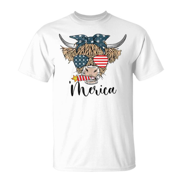 Merica Cow Cute Highland Cow With Bandana Usa Fourth Of July Unisex T-Shirt