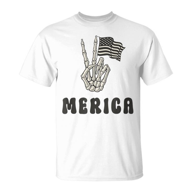 Merica Peace Sign 4Th Of July American Flag Skeleton Hand  Unisex T-Shirt