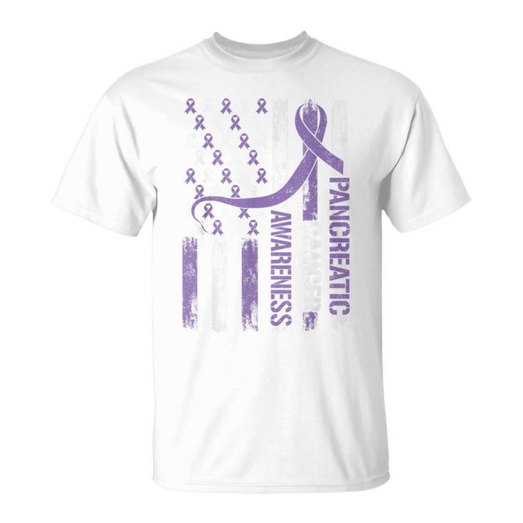 Pancreatic Cancer Awareness Month American Flag Ribbon T-Shirt