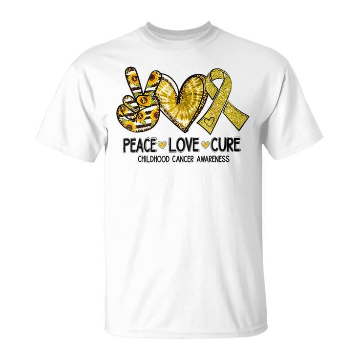Peace Love Cure Childhood Cancer Awareness Gold Ribbon T-Shirt