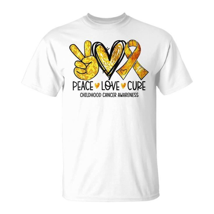 Peace Love Cure Childhood Cancer Awareness Gold Ribbon T-Shirt