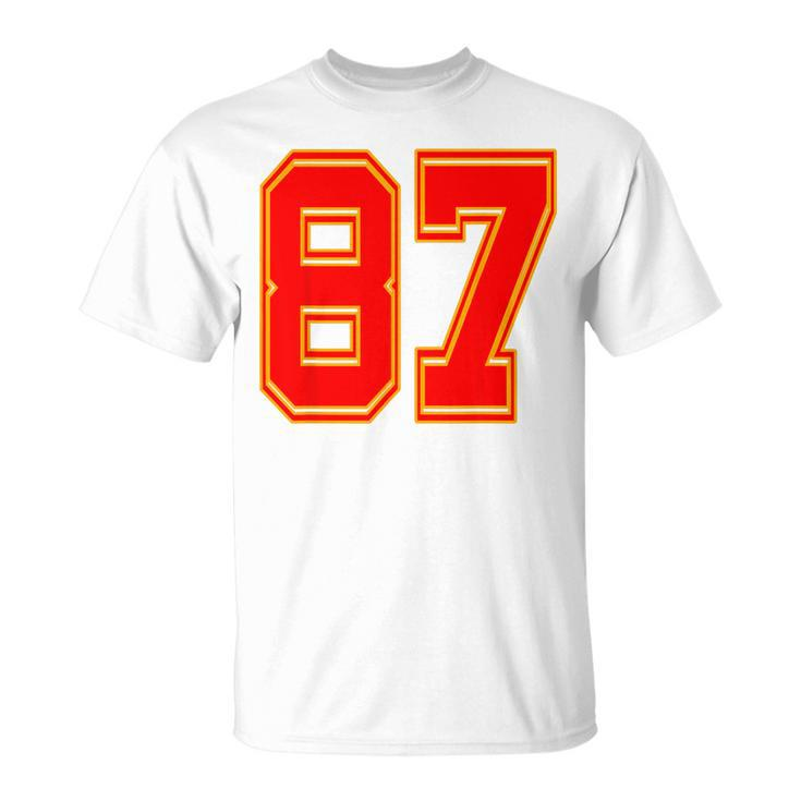 Red Number 87 White Yellow Football Basketball Soccer Fans T-Shirt