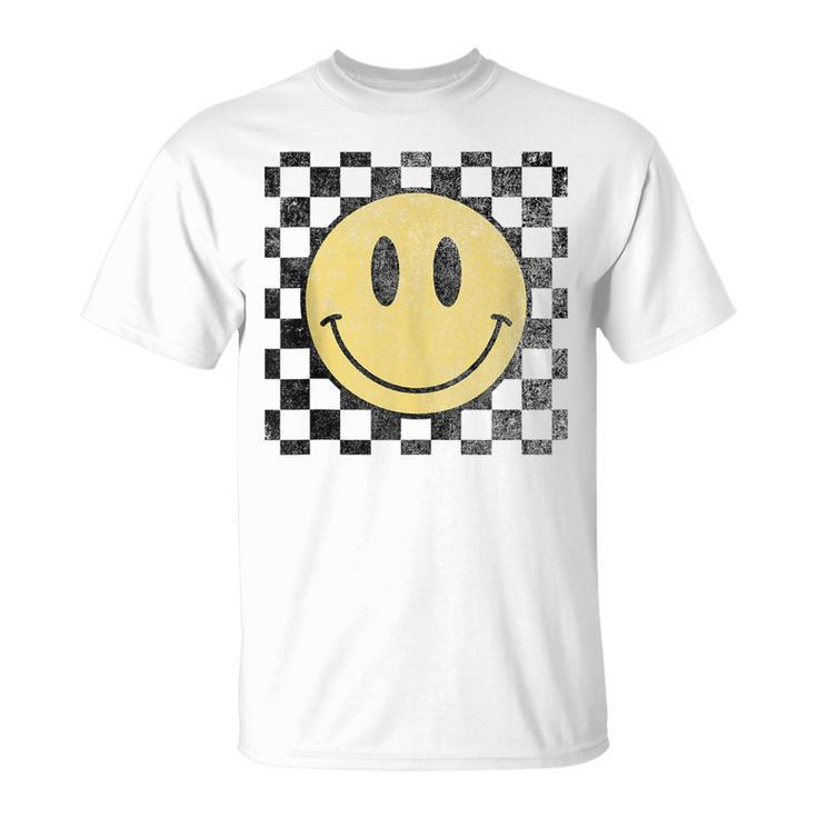 Retro Happy Face 70S Distressed Checkered Pattern Smile Face  Unisex T-Shirt