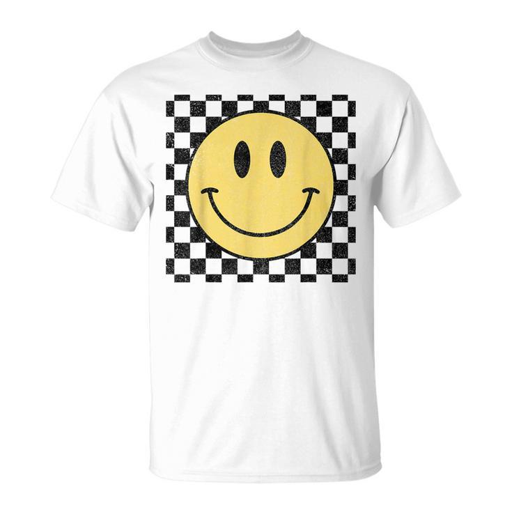 Retro Happy Face Distressed Checkered Pattern Smile Face Unisex T-Shirt