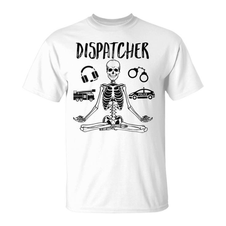 Spooky Dispatcher 911 Halloween Police Skeleton Meditating T-Shirt