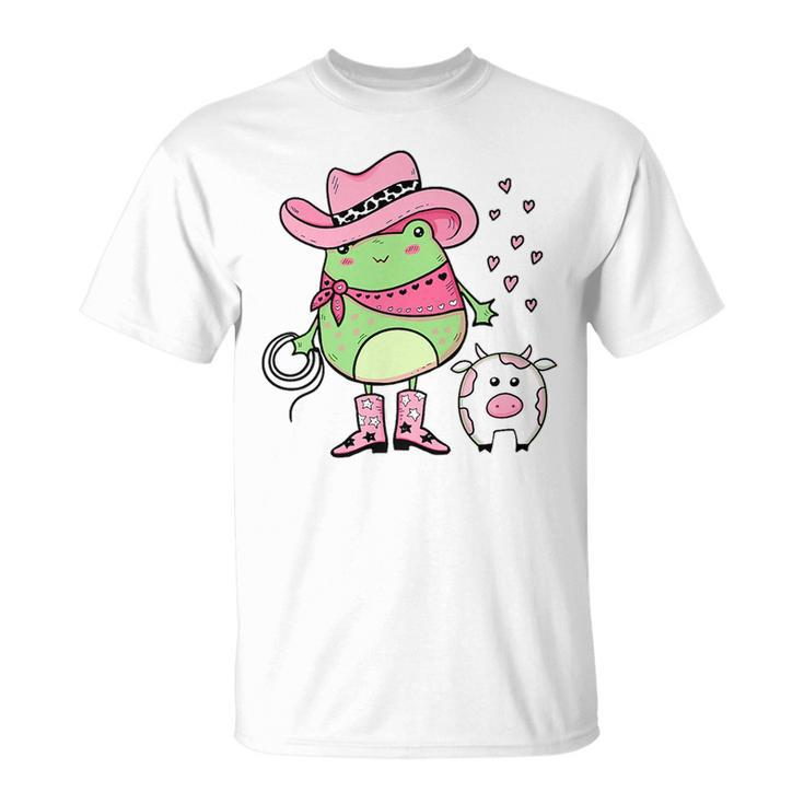 Western Cowgirl Hat Boots Cottagecore Frog Cow - Pink   Gifts For Frog Lovers Funny Gifts Unisex T-Shirt