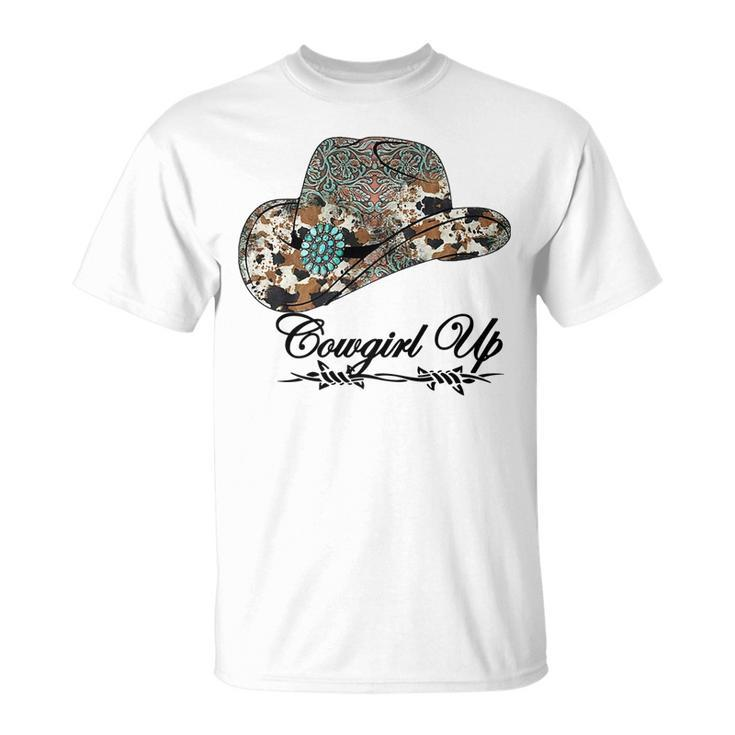 Western Cowgirl Up Leopard Turquoise Hat Cowhide Rodeo Unisex T-Shirt