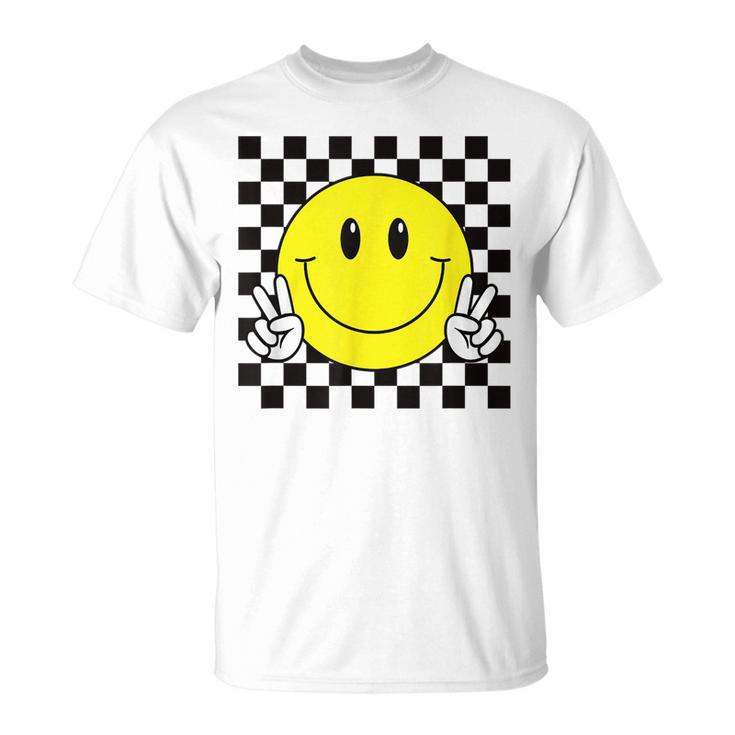 Yellow Smile Face Cute Checkered Peace Smiling Happy Face T-Shirt