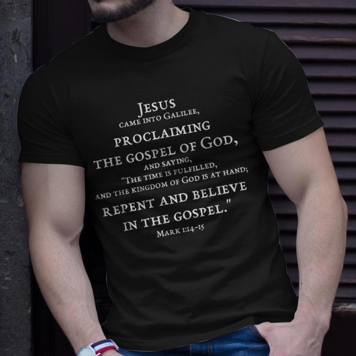 2-Sided Repent And Believe In Gospel Mark 114 15 Scripture T-Shirt Gifts for Him
