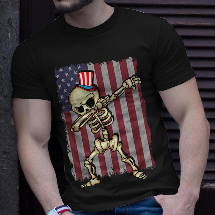4Th Of July Dabbing Skeleton American Flag Dabbing Unisex T-Shirt Gifts for Him