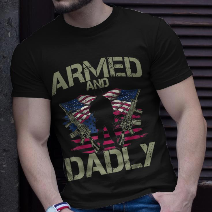 Armed And Dadly Funny Deadly Fathers Day Veteran Usa Flag Unisex T-Shirt Gifts for Him
