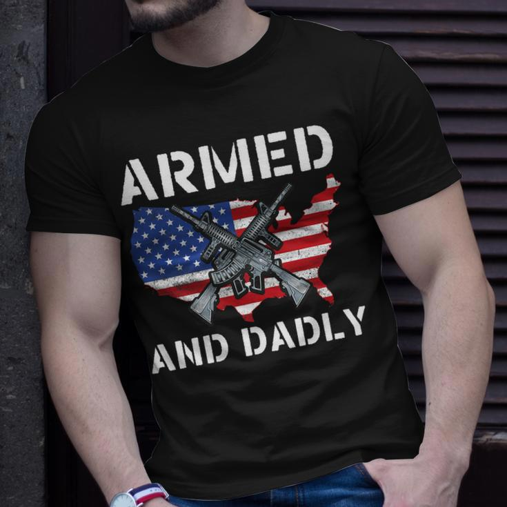 Armed And Dadly Funny Fathers Day Pun Us Flag Deadly Dad Unisex T-Shirt Gifts for Him