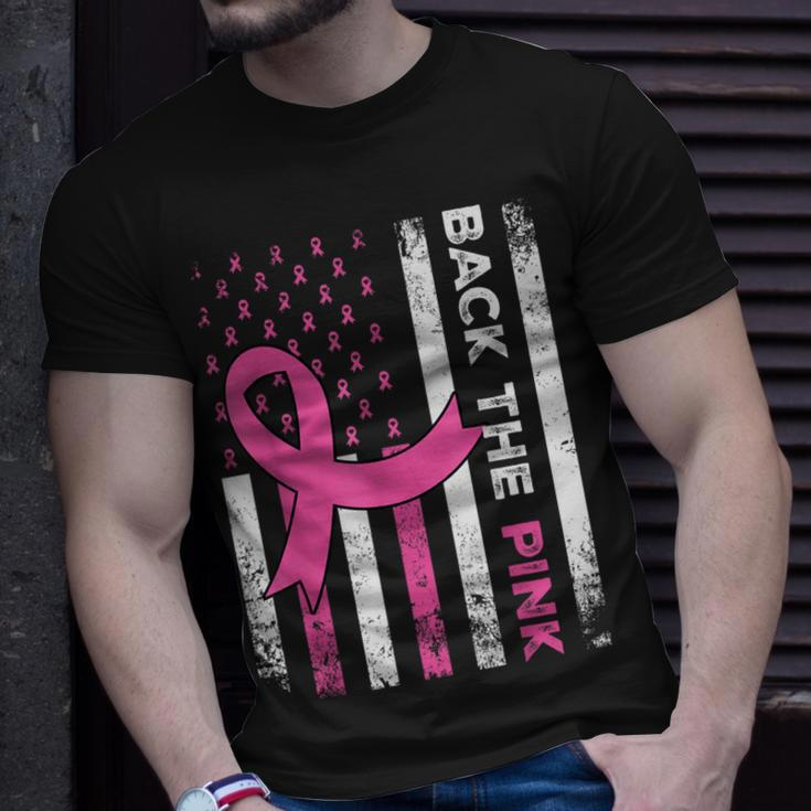 Back The Pink Ribbon American Flag Breast Cancer Awareness T-Shirt Gifts for Him