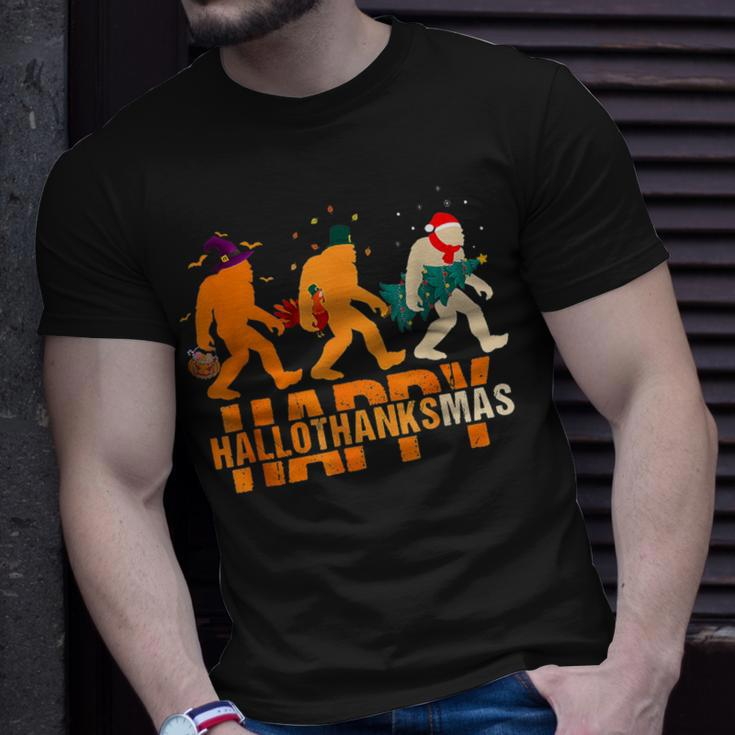 Bigfoot Happy Hallothanksmas Halloween Thanksgiving Xmas T-Shirt Gifts for Him