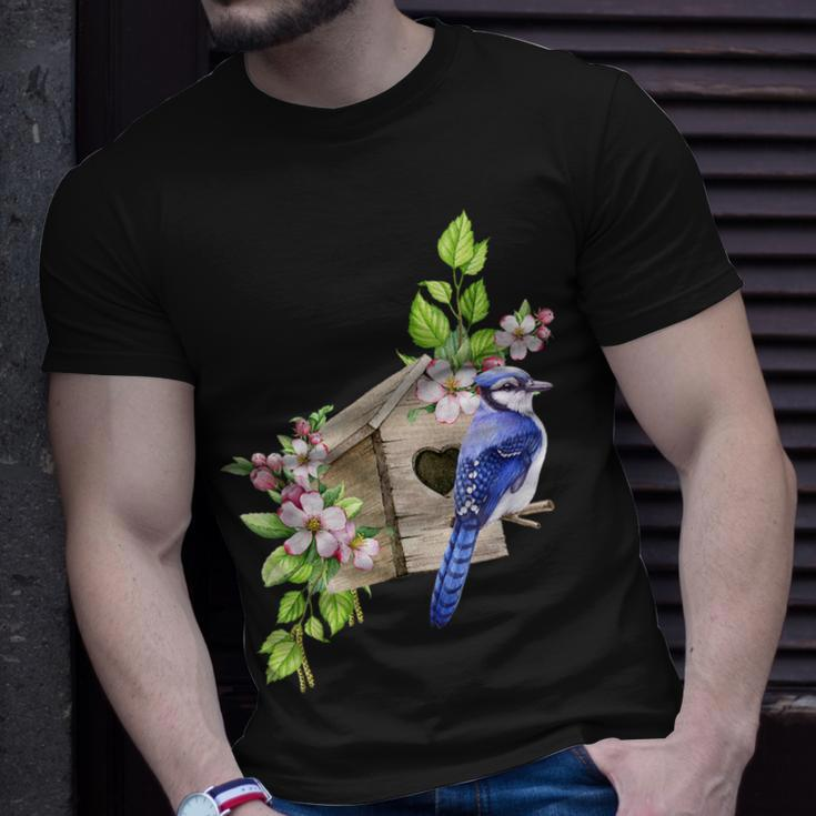 Blue Jay Bird Birdhouse And Pink Blossoms Bird Watching T-Shirt Gifts for Him