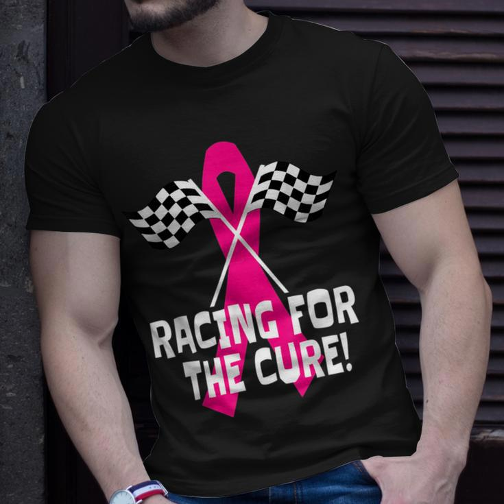 Car Races Racing For A Cure Pink Ribbon Breast Cancer Racing Funny Gifts Unisex T-Shirt Gifts for Him