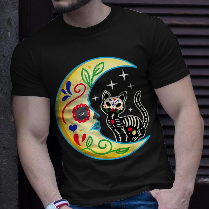 Cat & Moon Sugar Skull Dia De Los Muertos Day Of The Dead T-Shirt Gifts for Him