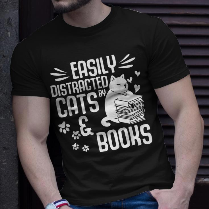 Cat Book Easily Distracted By Cats And Books Gift Girls Boys Unisex T-Shirt Gifts for Him