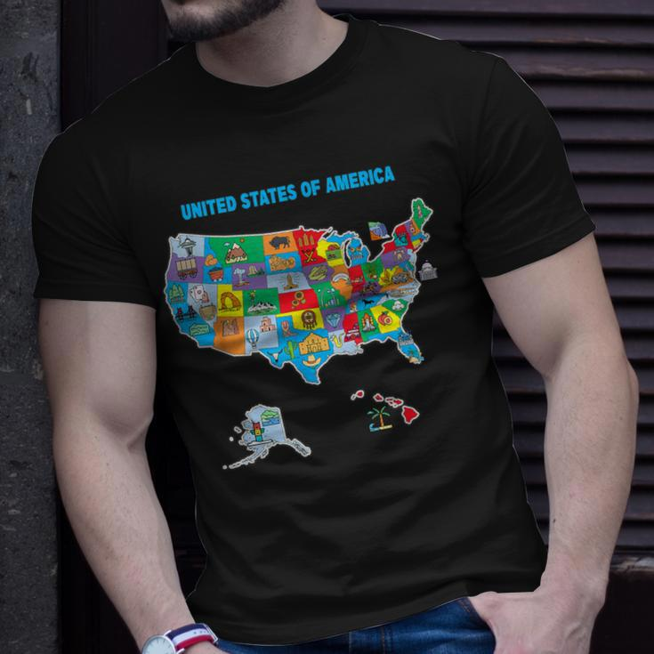 Colorful United States Of America Map Us Landmarks Icons T-Shirt Gifts for Him