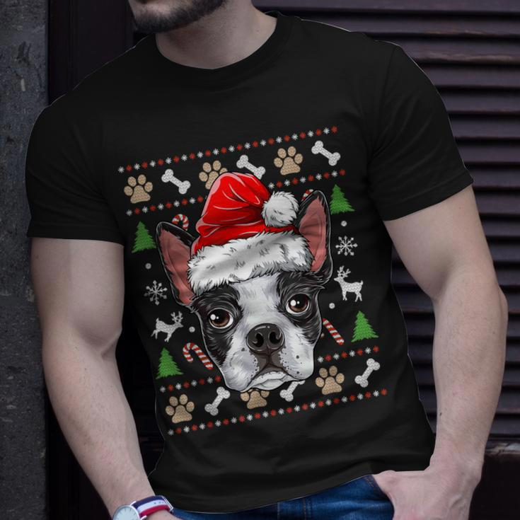 Cute Boston Terrier Ugly Christmas Sweater Santa Hat Xmas T-Shirt Gifts for Him