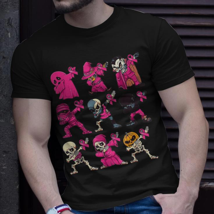 Dabbing Halloween Skeleton Pumpkin Breast Cancer Awareness T-Shirt Gifts for Him
