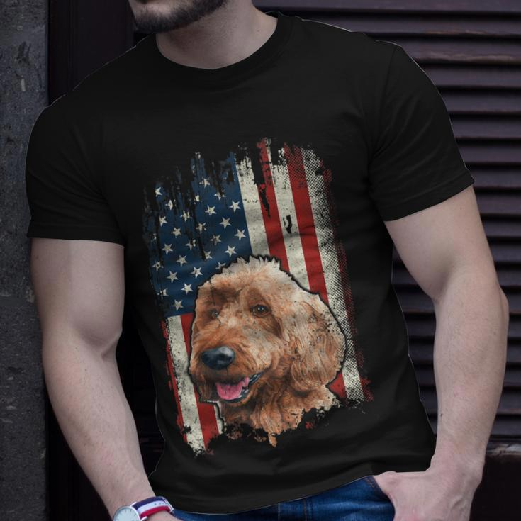 Distressed Goldendoodle American Flag Patriotic Dog Unisex T-Shirt Gifts for Him