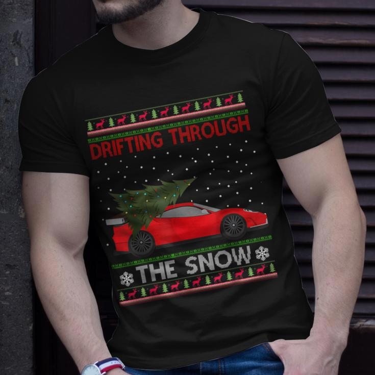 Drifting Through The Snow Ugly Christmas Sweater Tree Car T-Shirt Gifts for Him