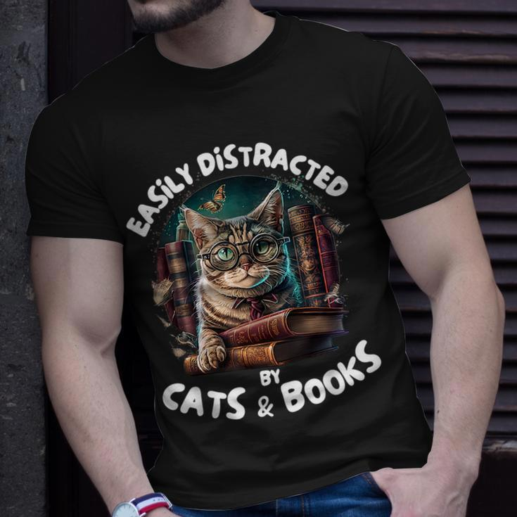 Easily Distracted By Cats And Books Librarians Bibliophiles Unisex T-Shirt Gifts for Him