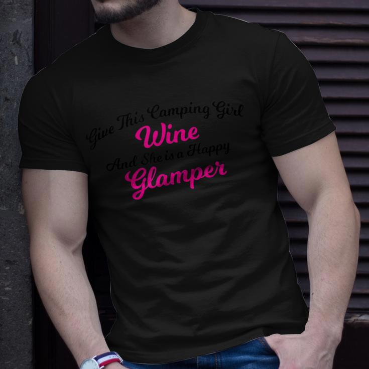 Funny Camping Girl Wine Happy Glamper Unisex T-Shirt Gifts for Him