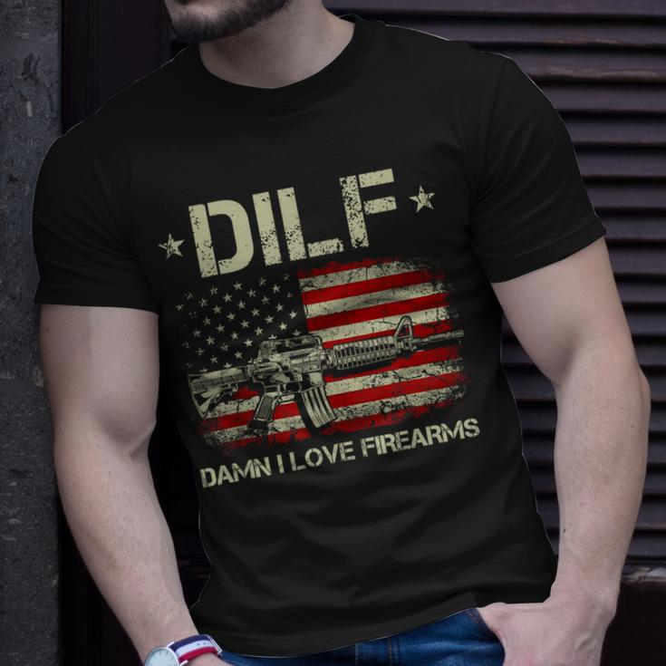 Gun American Flag Dilf - Damn I Love Firearms Unisex T-Shirt Gifts for Him