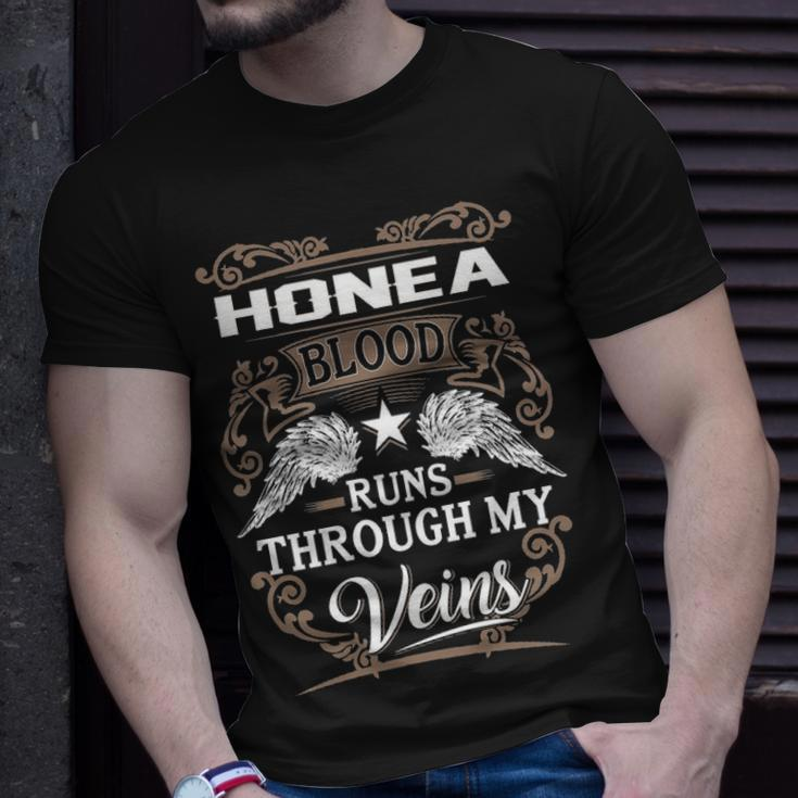 Honea Name Gift Honea Blood Runs Through My Veins Unisex T-Shirt Gifts for Him