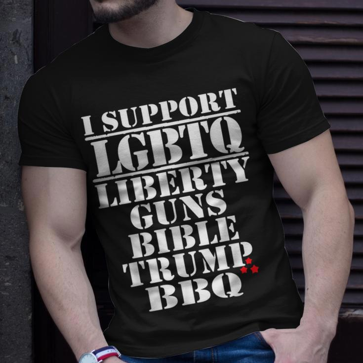 I Support Lgbtq Liberty Guns Bible Trump Bbq Funny Unisex T-Shirt Gifts for Him