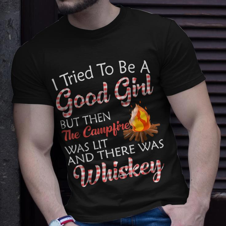 I Tried To Be A Good Girl But Campfire And Whiskey Camping Unisex T-Shirt Gifts for Him