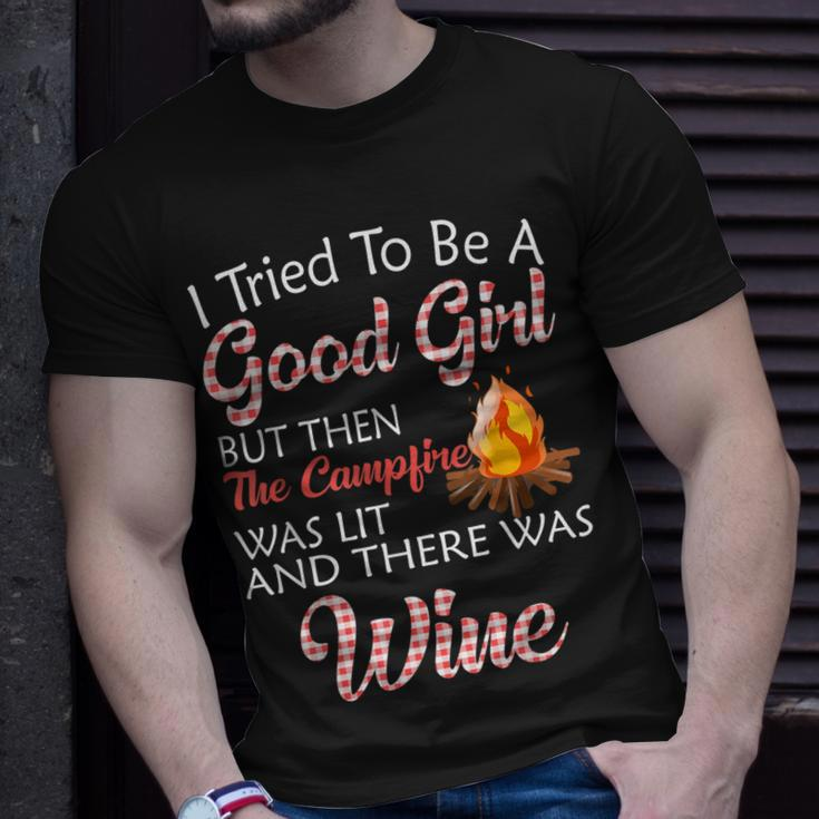 I Tried To Be A Good Girl But Campfire And Wine Camping Unisex T-Shirt Gifts for Him
