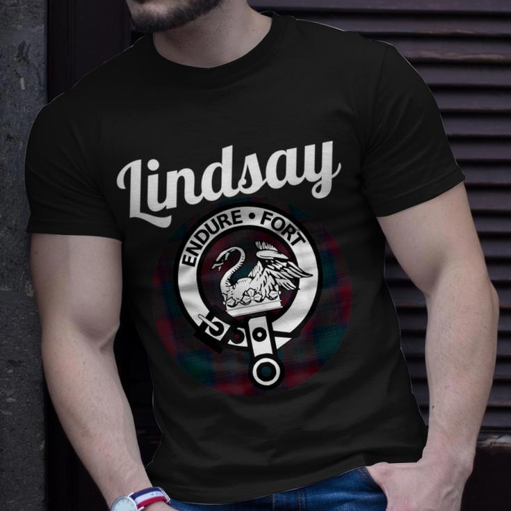 Lindsay Clan Scottish Name Coat Of Arms Tartan Unisex T-Shirt Gifts for Him