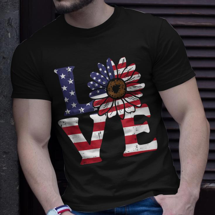Love Sunflower American Flag Patriot 4Th Of July Women Girls Unisex T-Shirt Gifts for Him