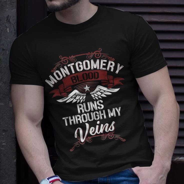 Montgomery Blood Runs Through My Veins Last Name Family T-Shirt Gifts for Him