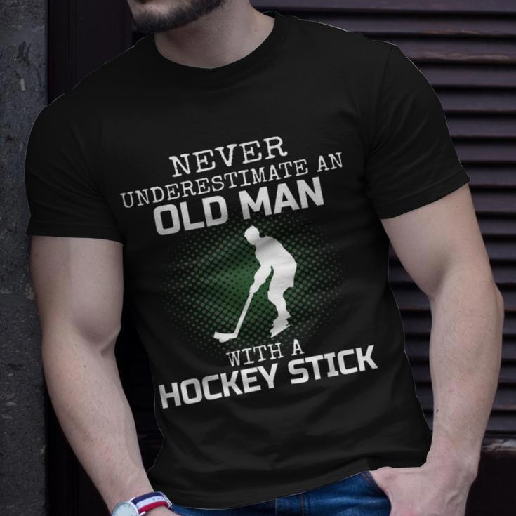 Never Underestimate An Old Man With A Hockey Stick Mens Dad Unisex T-Shirt Gifts for Him