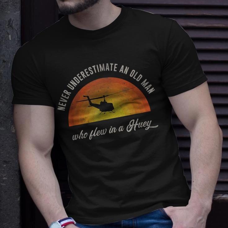 Never Underestimate Old Huey Helicopter Pilot Sunset Vietnam Pilot Funny Gifts Unisex T-Shirt Gifts for Him