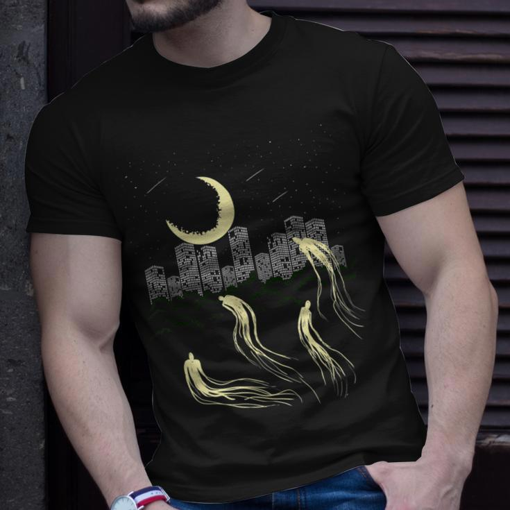 Night Sky Moon Star Building Ghost City Galaxy Horror Ghost T-Shirt Gifts for Him