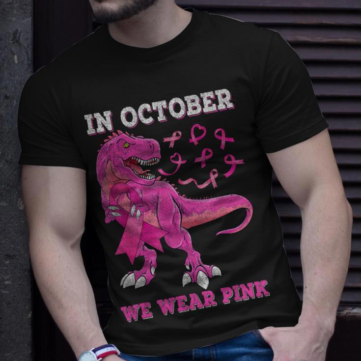 In October We Wear Pink Breast Cancer Trex Dino Toddler Boys T-Shirt Gifts for Him