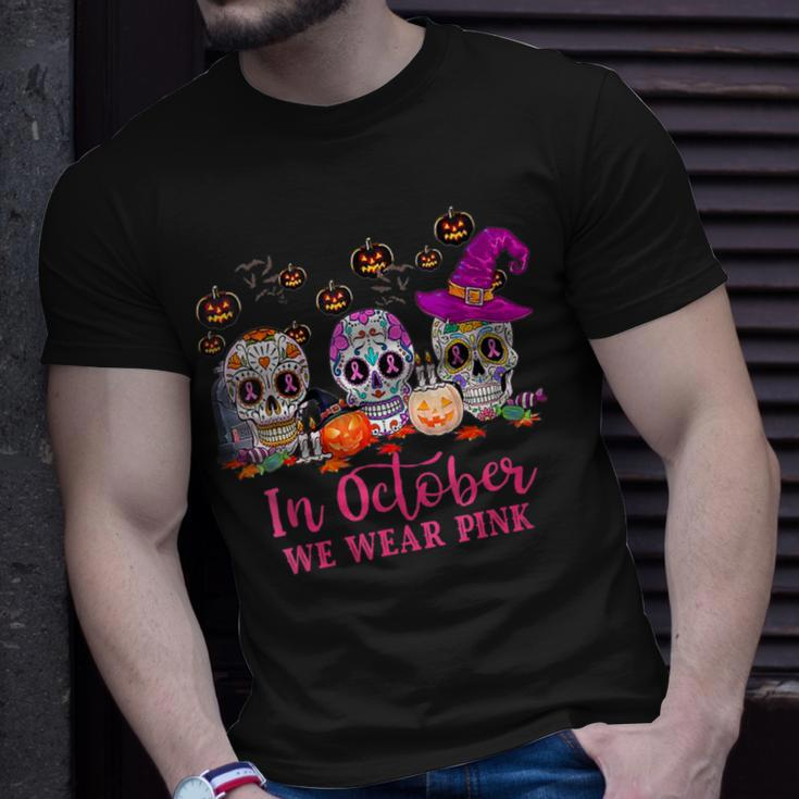 In October We Wear Pink Sugar Skull Halloween Breast Cancer T-Shirt Gifts for Him