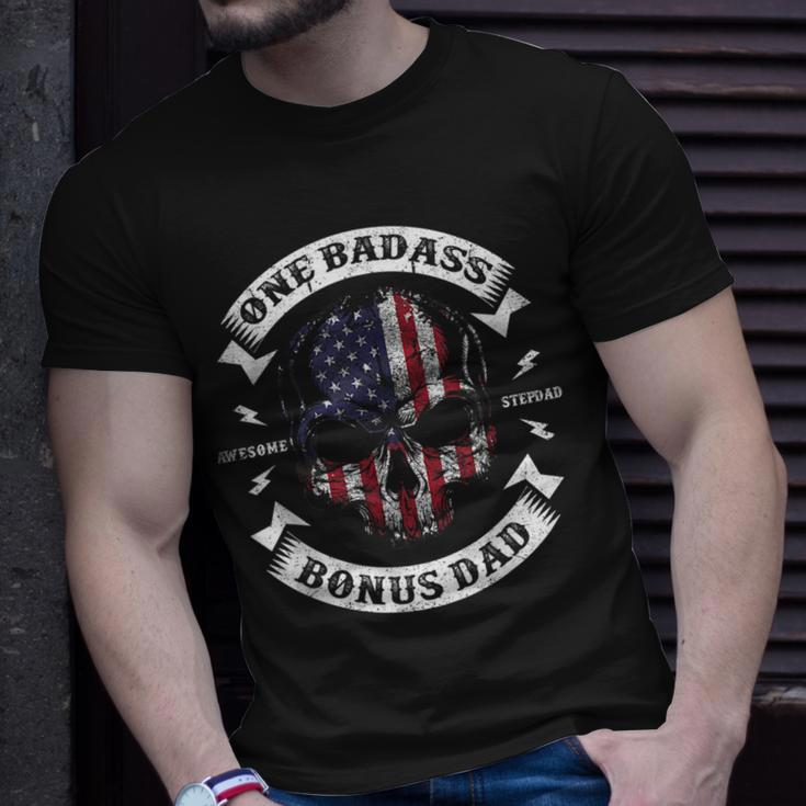 One Badass Bonus Dad Birthday Party Funny Skull Fathers Day Unisex T-Shirt Gifts for Him
