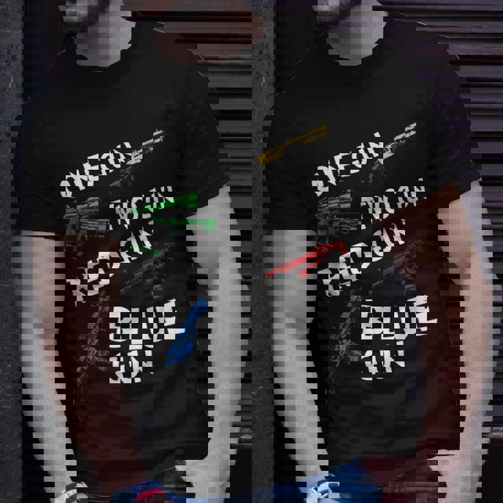 Oneguntwogunredgunbluegun Unisex T-Shirt Gifts for Him