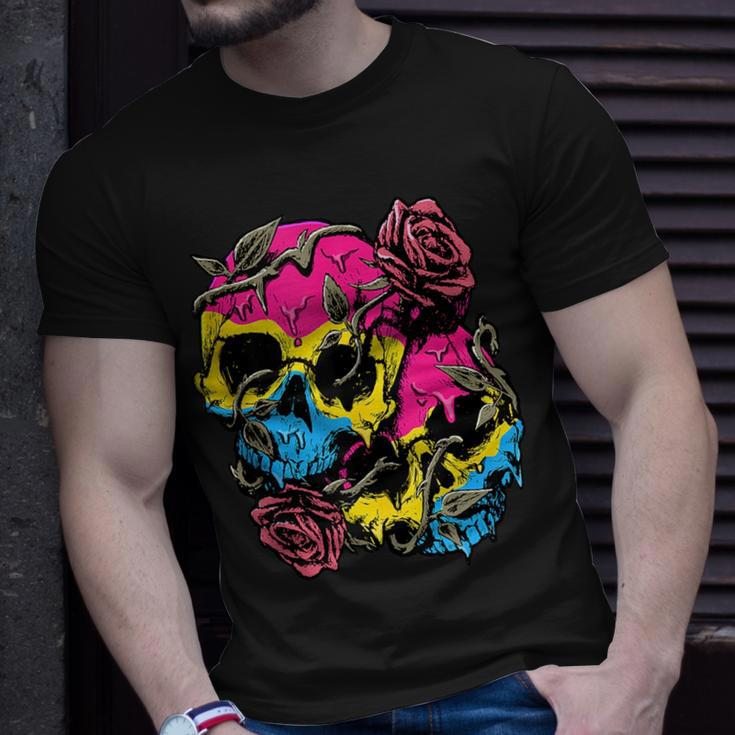 Pansexual Pride Pan Flag Skull Roses Subtle Lgbtq Unisex T-Shirt Gifts for Him