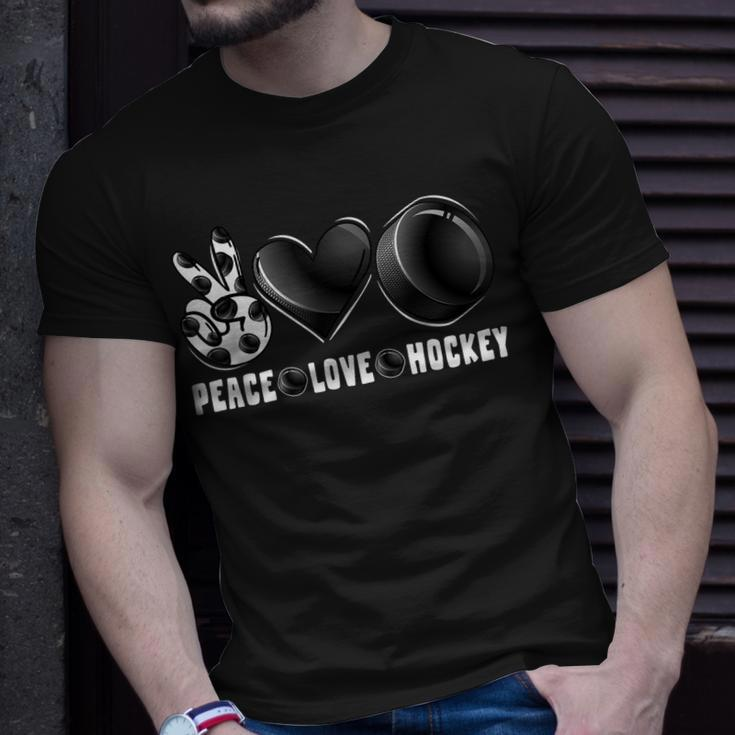 Peace Love Hockey Funny Mommy Dad Boys Girls Son Daughter Unisex T-Shirt Gifts for Him