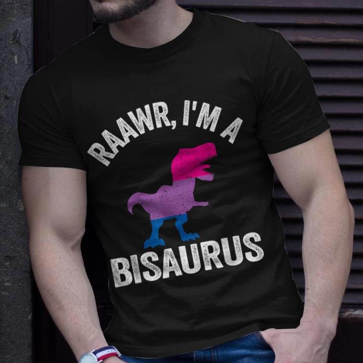 Raawr Im A Bisaurus Dinosaur T-Rex Bisexual Flag Bi Pride Unisex T-Shirt Gifts for Him