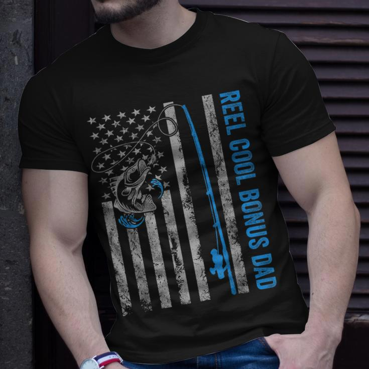 Reel Cool Bonus Dad Fathers Day American Flag Fishing Unisex T-Shirt Gifts for Him