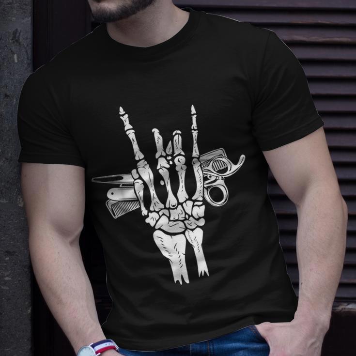 Rock Hand Skeleton Barber Hairstylist Hairdresser Halloween T-Shirt Gifts for Him