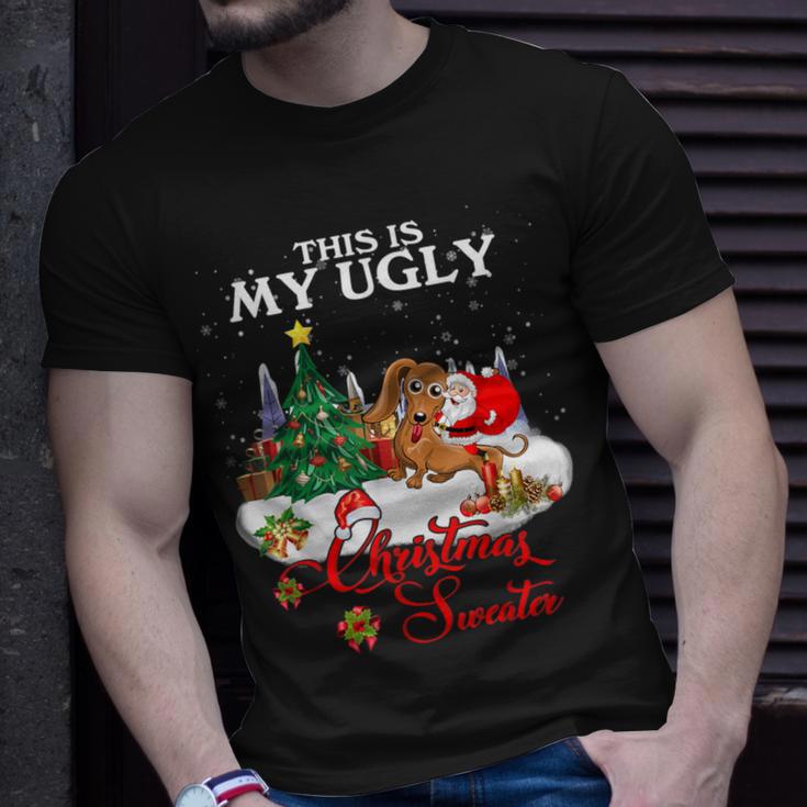 Santa Riding Dachshund This Is My Ugly Christmas Sweater T-Shirt Gifts for Him